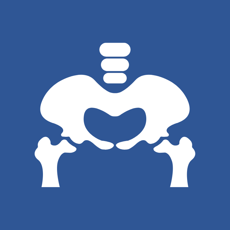 This is an icon of a simplified pelvis x-ray on a blue background.