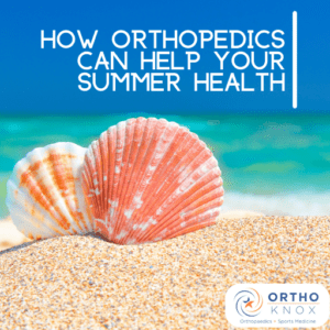 text "how orthopedics can help your summer health" with close up on shells on the shore for blog banner